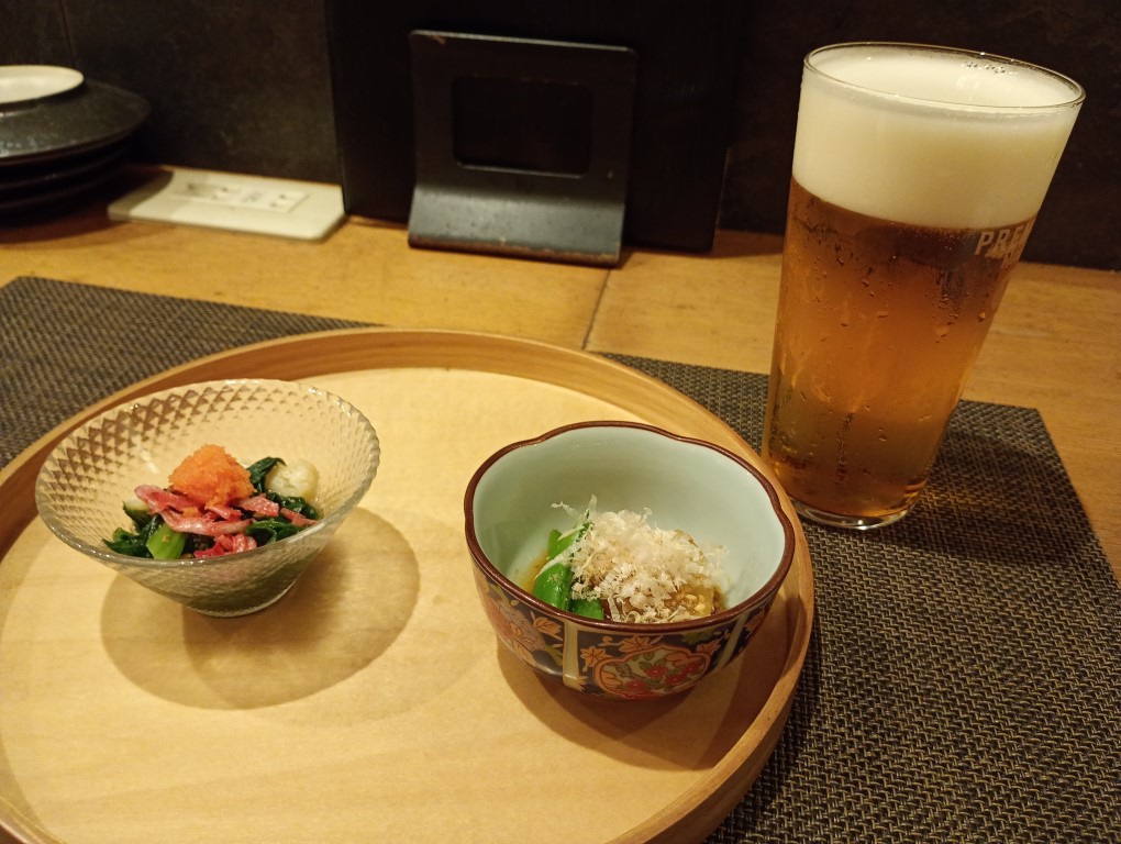 炉端割烹 主海 春吉 お通し ビール